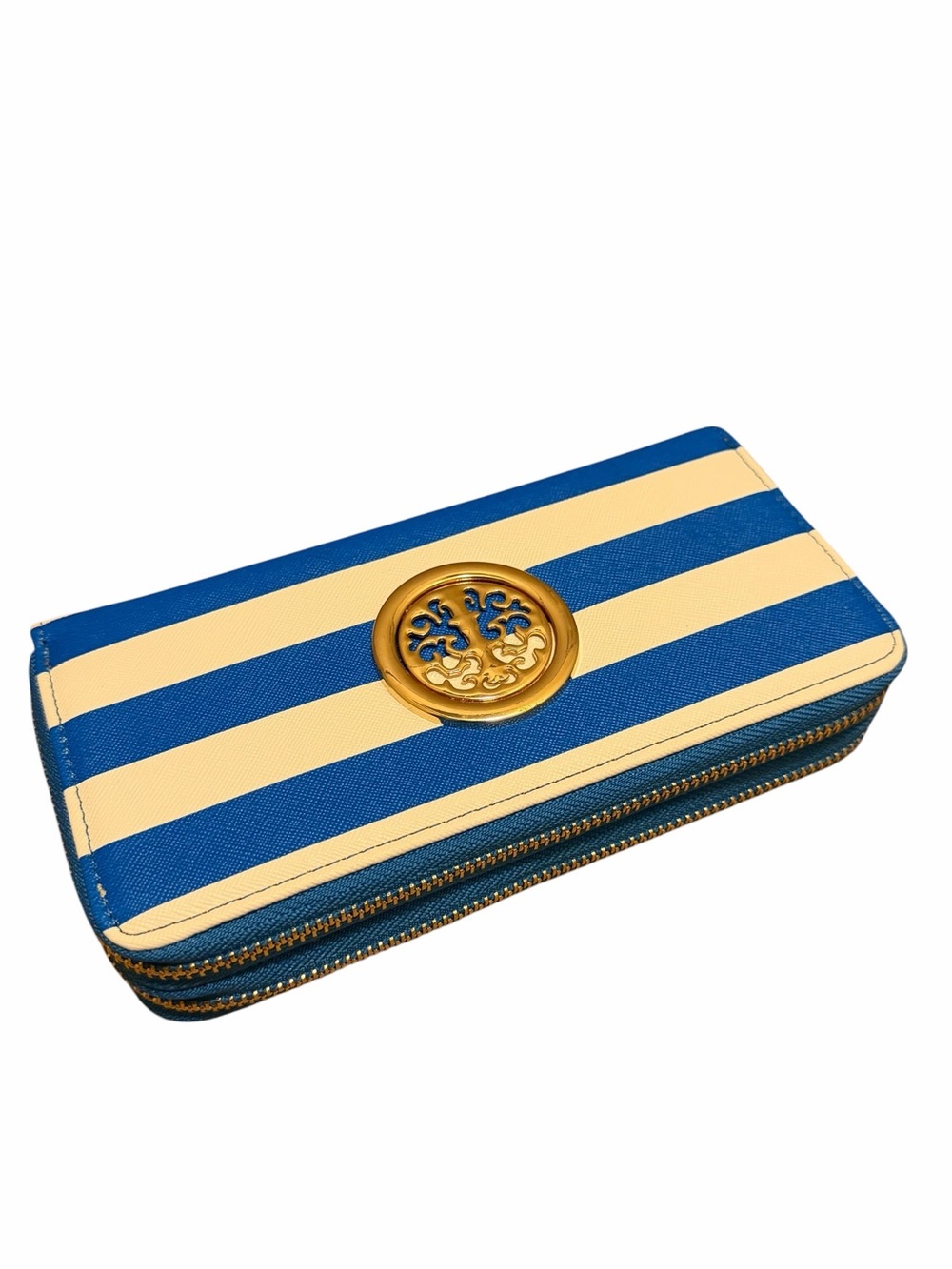 NWT Unbranded Striped Blue and Cream Wallet with Gold Medallion